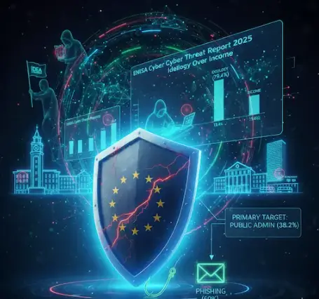 Abstract visualisation of the European cyber threat landscape with network connections and data flows