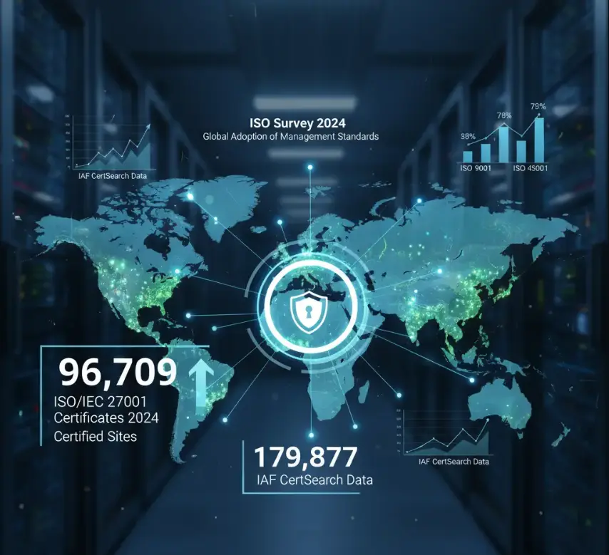 ISO 27001 certification badge surrounded by data visualisation elements representing global cybersecurity growth