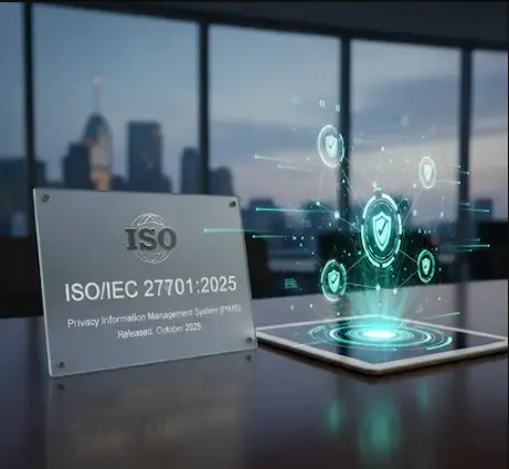 Abstract data privacy concept with interconnected nodes and a lock, representing ISO 27701 personal information management